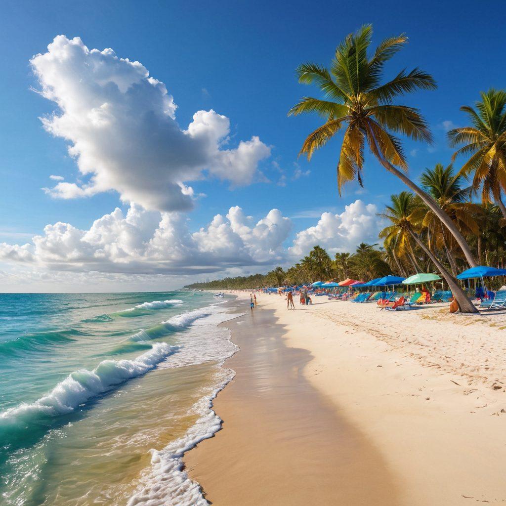 A sunny Florida beach scene showcasing vibrant sandy shores with palm trees, beach umbrellas in the colors of UF (University of Florida), and families enjoying the sun. Incorporate a picturesque view of the ocean waves lapping against the shore, with a lively atmosphere of folks playing beach volleyball and lounging. The sky should be a vivid blue with fluffy white clouds. super-realistic. vibrant colors. white background.