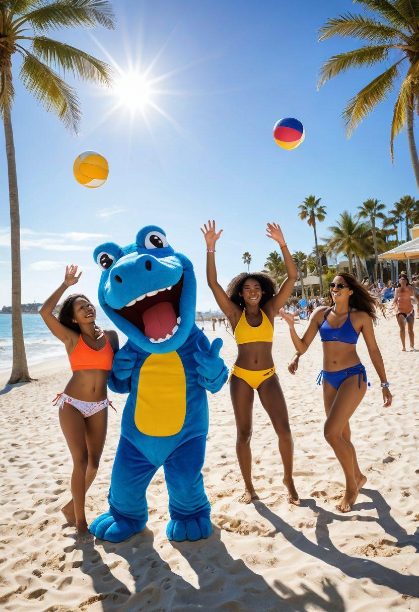 A vibrant beach scene featuring a group of diverse college students dressed in stylish beachwear, playfully engaging in various summer activities like frisbee and beach volleyball. Bright sun, palm trees, and a clear blue sky create a lively atmosphere, while a gator mascot is playfully included in the background, adding school spirit. The energy is joyful and inviting, showcasing the essence of summer fun and sportsmanship. vibrant colors. super-realistic.